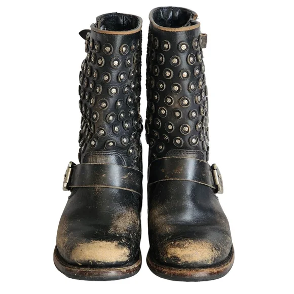 FRYE Jenna Disc Short Black Studded Leather Combat & Moto Boots Size 6.5 - Picture 6 of 11